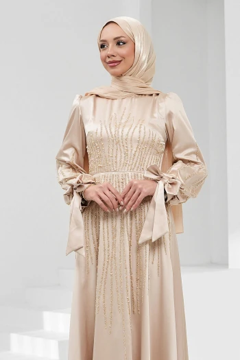 Bej Kol Bağlamalı Taşlı Saten Abiye