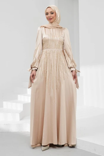 Bej Kol Bağlamalı Taşlı Saten Abiye