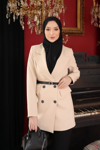 Bej Kravuze Yaka Kemerli Astarlı Ceket