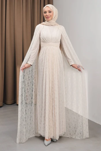 Bej Omuz Pelerinli Drapeli Güpürlü Abiye