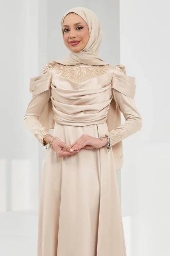 Bej Önü Drapeli Taşlı Saten Abiye