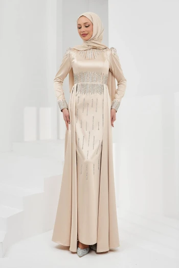 Bej Önü Taşlı Saten Abiye