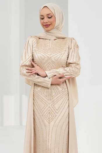 Bej Önü Taşlı Saten Abiye