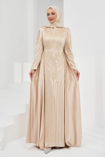 Bej Önü Taşlı Saten Abiye