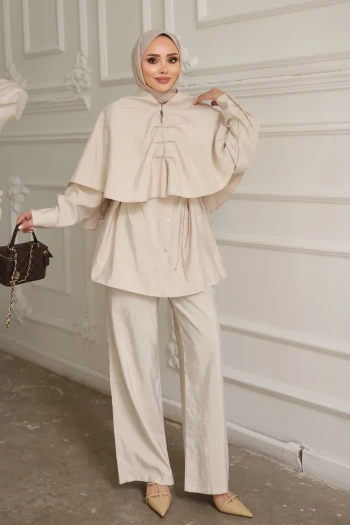 Bej Pelerin Detaylı Tunik Pantolonlu Takım
