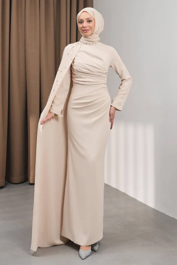 Bej Taş İşlemeli Pelerinli Abiye