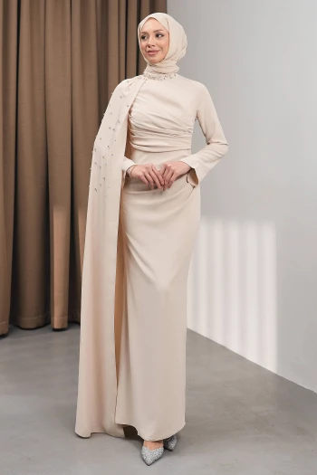 Bej Taş İşlemeli Pelerinli Abiye