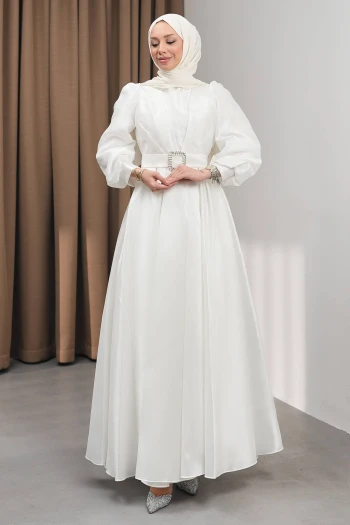 Beyaz Balon Kol Drapeli Abiye