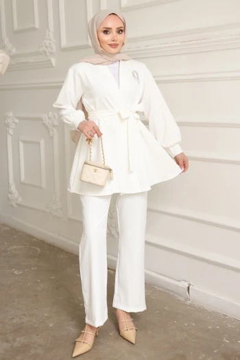 Beyaz Yaka Bronş Detaylı  Tunik Pantolonlu Takım