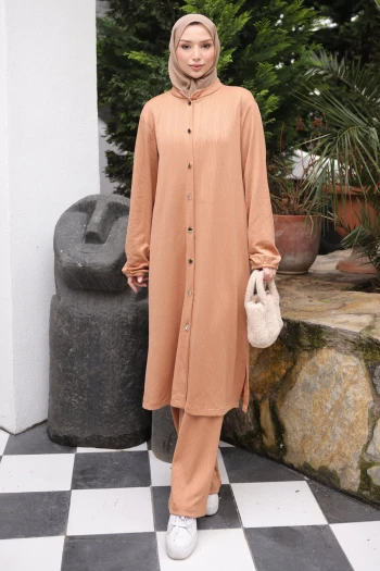 Bisküvi Düğmeli Tunik Pantolonlu Bürümcük Takım