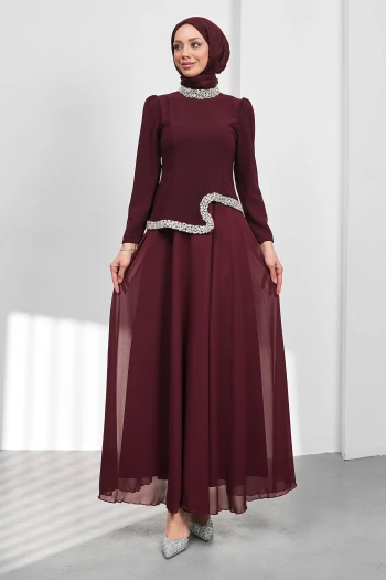 Bordo Asimetrik Detaylı Taşlı Abiye