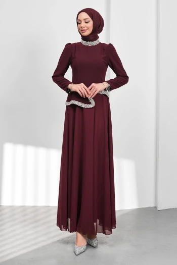 Bordo Asimetrik Detaylı Taşlı Abiye