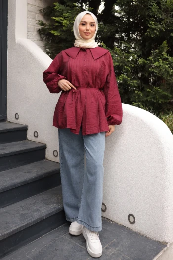 Bordo Bebe Yaka Bel Bağlamalı Gömlek