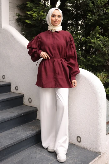 Bordo Bel Bağlamalı Broşlu Modal Tunik