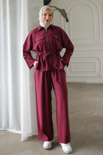 Bordo Bel Bağlamalı Ceket Pantolonlu Takım