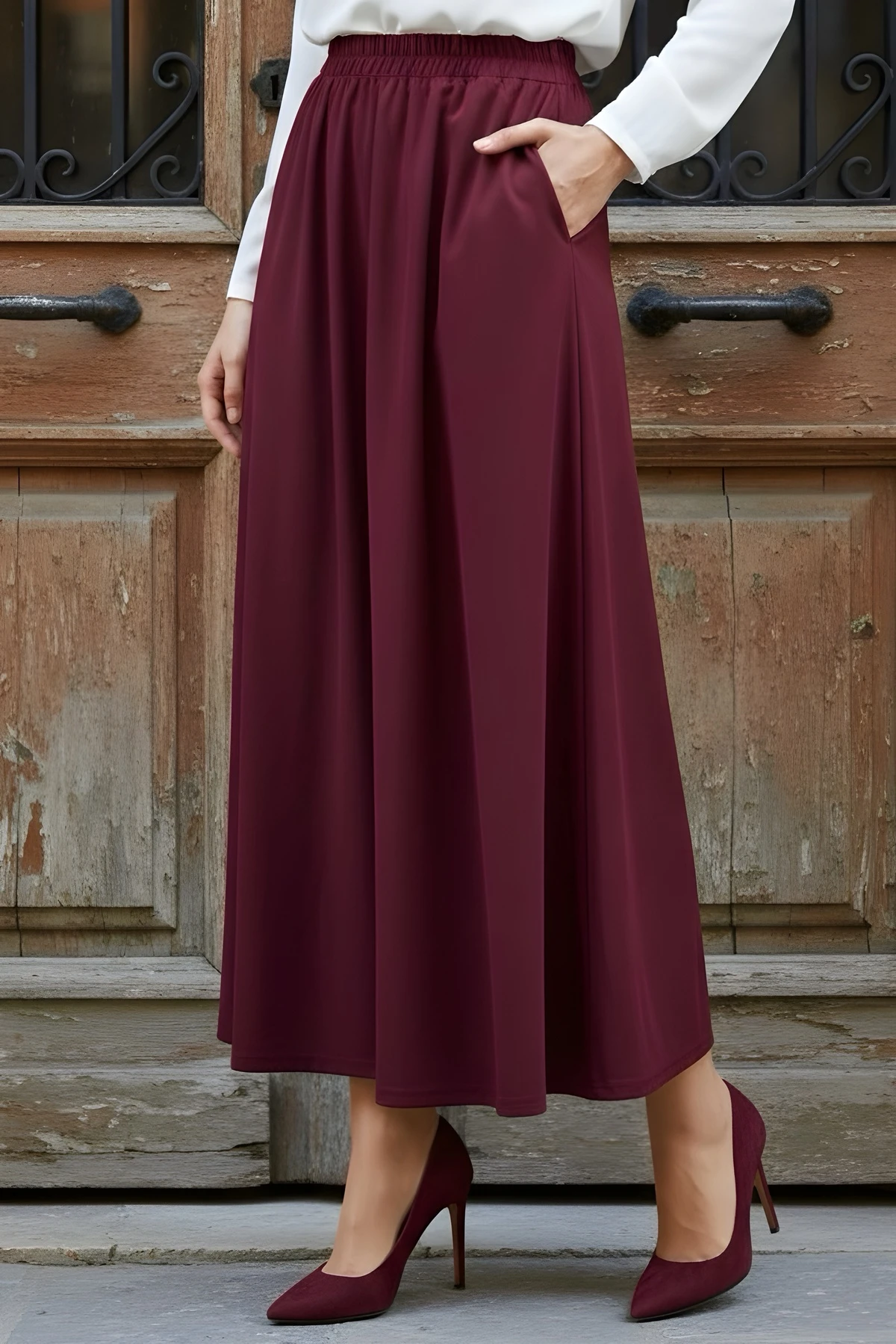 Bordo Bel Lastikli Cepli Kloş Etek