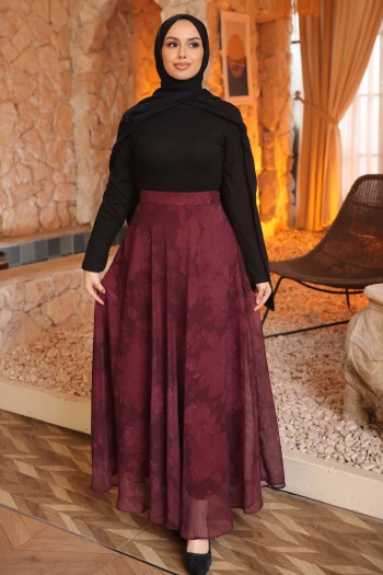 Bordo Bel Lastikli Desenli Şifon Etek