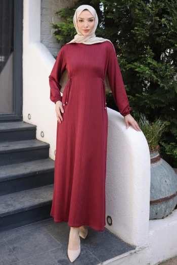 Bordo Bisiklet Yaka Bel Ve Kol Lastikli Bürümcük Elbise