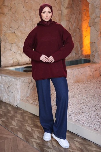 Bordo Bisiklet Yaka Oversize Triko Kazak