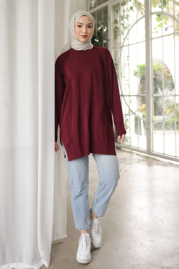 Bordo Bisiklet Yaka Soğuk İplik Triko Tunik