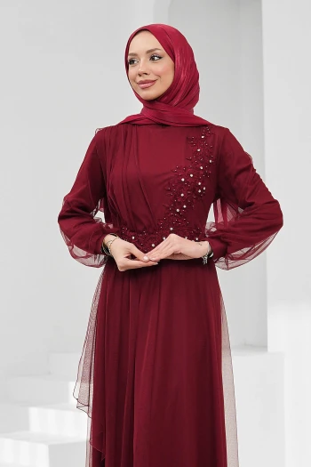 Bordo Büyük Beden Güpürlü Abiye