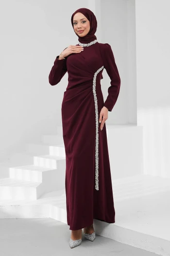 Bordo Büyük Beden Önü Drapeli Taşlı Abiye