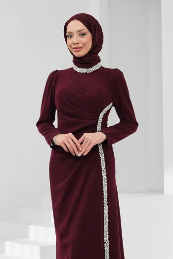 Bordo Büyük Beden Önü Drapeli Taşlı Abiye