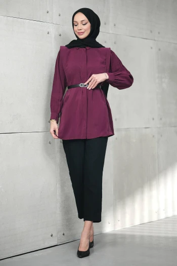 Bordo Gizli Patlı Belden Kemerli Modal Dokuma Tunik