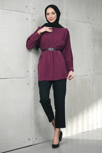 Bordo Gizli Patlı Belden Kemerli Modal Dokuma Tunik
