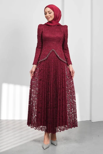 Bordo Güpürlü Eteği Piliseli Tasarım Abiye
