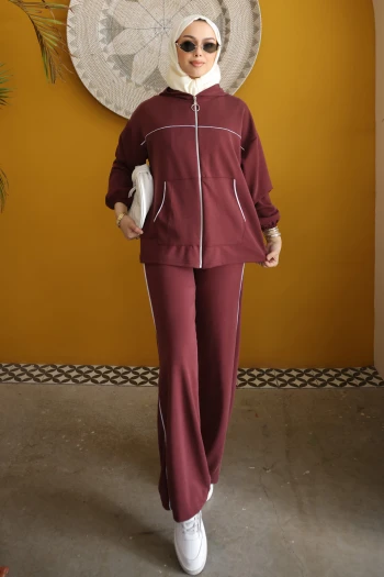 Bordo Kapüşonlu Fermuarlı Sweat Hırka Pantolonlu Takım