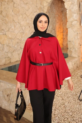 Bordo Kemerli Düğmeli Dabıl Panço