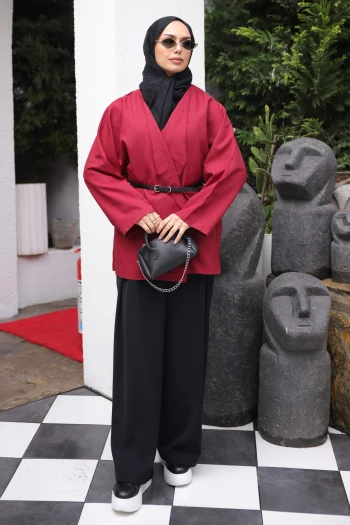 Bordo Kemerli Kruvaze Yaka Salaş Ceket