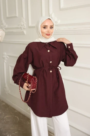 Bordo Kendinden Desenli İp Detaylı Gömlek