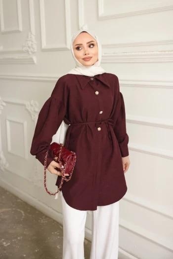 Bordo Kendinden Desenli İp Detaylı Gömlek