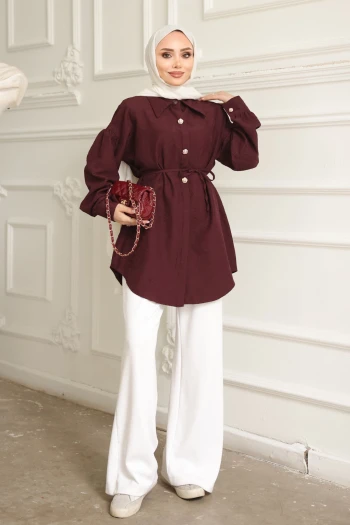 Bordo Kendinden Desenli İp Detaylı Gömlek