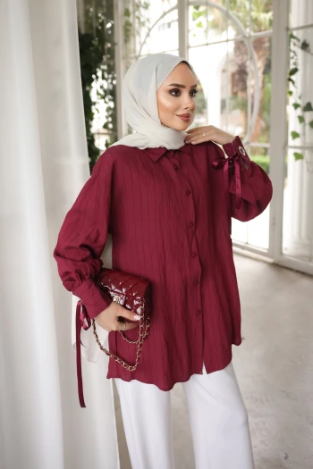 Bordo Kol Bağlamalı Gömlek
