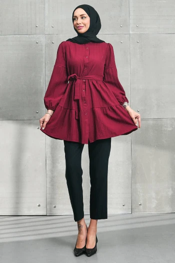 Bordo Kol Lastikli Eteği Katlı Tunik