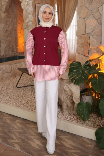 Bordo Kol Ve Etek Gömlek Garnili Modal Sweat