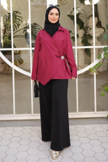 Bordo Kruvaze Yaka Bel Detaylı Tunik