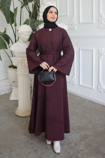 Bordo Kuşaklı Ceket Etekli Takım