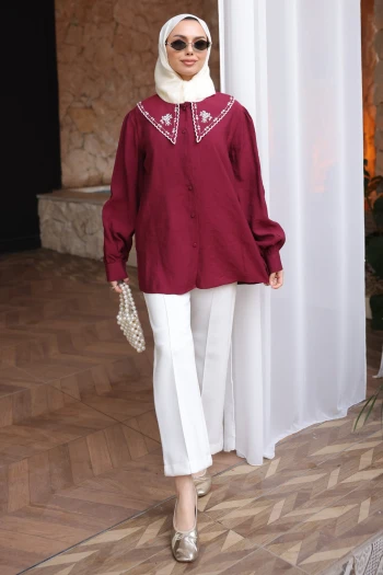 Bordo NFC-5345 Yaka Nakışlı Düğmeli Gömlek