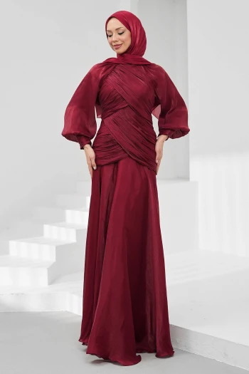 Bordo Önü Drapeli Balon Kol Işıltılı Abiye