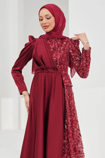 Bordo Önü Drapeli Pul Payetli Saten Abiye
