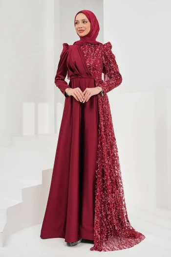 Bordo Önü Drapeli Pul Payetli Saten Abiye