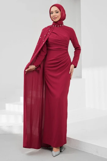 Bordo Taş İşlemeli Pelerinli Abiye