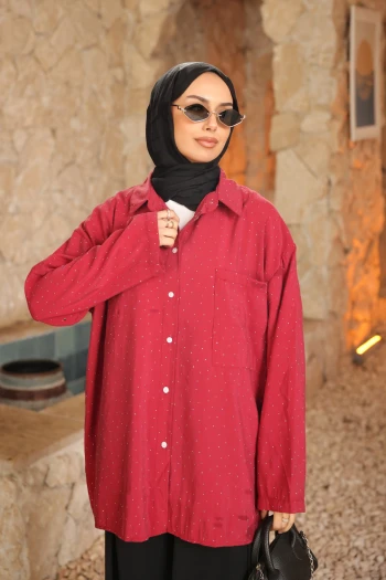 Bordo Tek Cepli Taşlı Salaş Gömlek