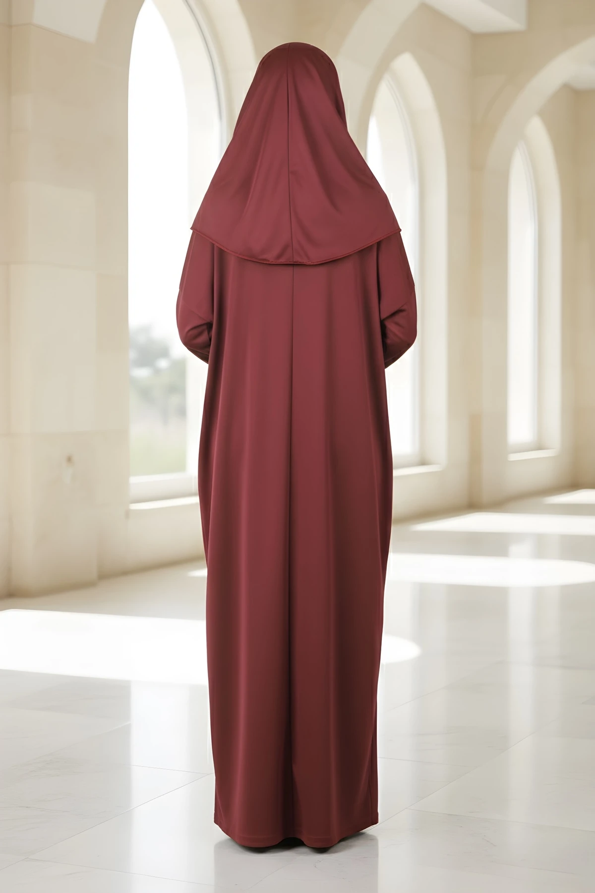 Bordo Kolay Giyilebilen Başörtülü Tek Parça Namaz Elbisesi