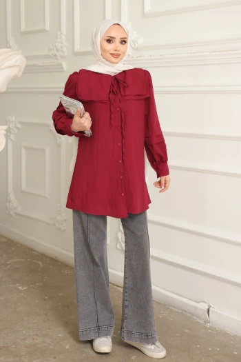 Bordo Yaka Detaylı Gömlek