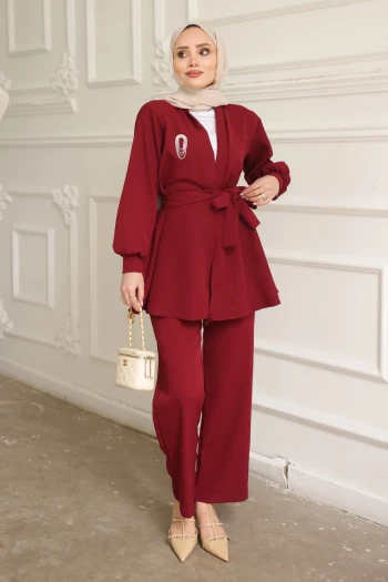 Bordo Yaka Taşlı Tunik Pantolonlu Takım